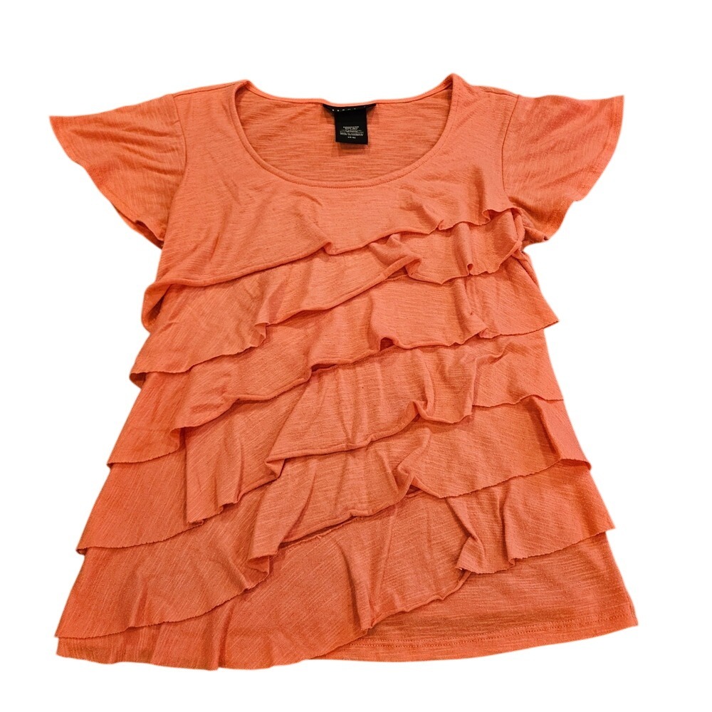 Attention Womens Coral Orange Tiered Ruffle Front‎ Scoop Neck Top XS Slub Knit